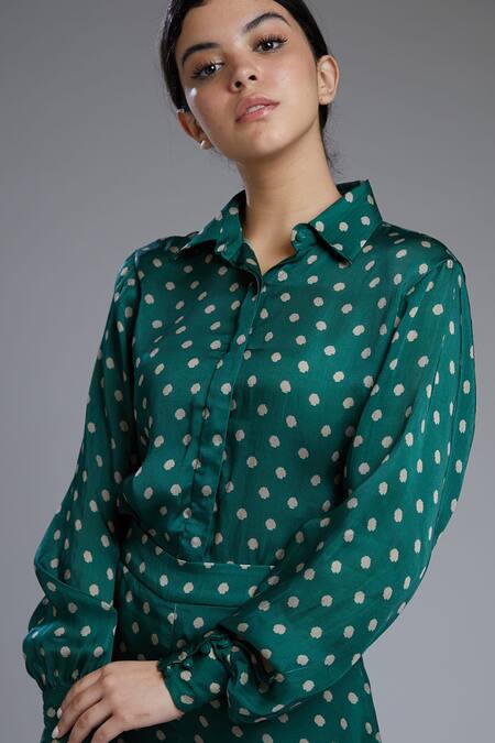 Koai Green Silk Straight Collar Printed Shirt at Aza Fashions Koai_Green Silk Straight Collar Printed Shirt_at_Aza_Fashions