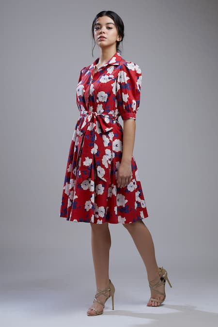 Koai_Red Poplin Cotton Straight Collar Floral Print Dress_Online_at_Aza_Fashions