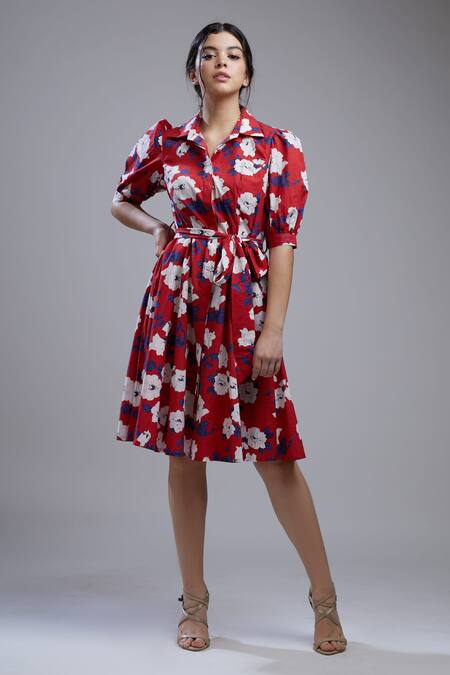 Shop_Koai_Red Poplin Cotton Straight Collar Floral Print Dress_Online_at_Aza_Fashions