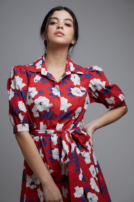 Koai_Red Poplin Cotton Straight Collar Floral Print Dress_at_Aza_Fashions