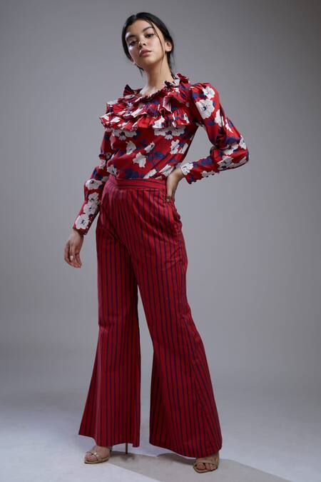 Koai_Red Cotton, Poplin Striped Bell Bottoms For Kids_Online_at_Aza_Fashions