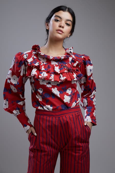 Shop_Koai_Red Cotton, Poplin Striped Bell Bottoms For Kids_Online_at_Aza_Fashions