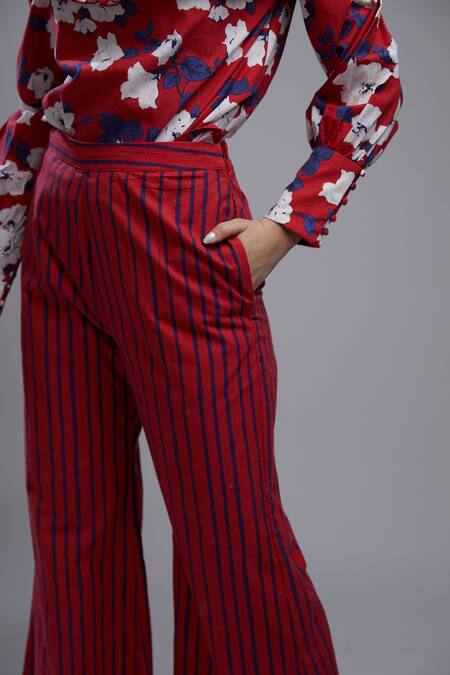 Koai_Red Cotton, Poplin Striped Bell Bottoms For Kids_at_Aza_Fashions