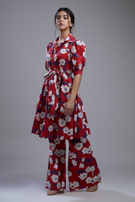 Koai_Red Poplin Cotton Straight Collar Floral Print Tunic_Online_at_Aza_Fashions