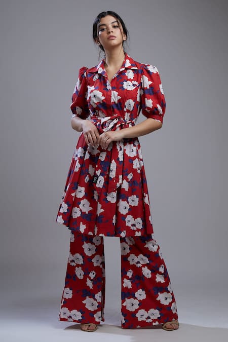 Buy_Koai_Red Poplin Cotton Straight Collar Floral Print Tunic_Online_at_Aza_Fashions
