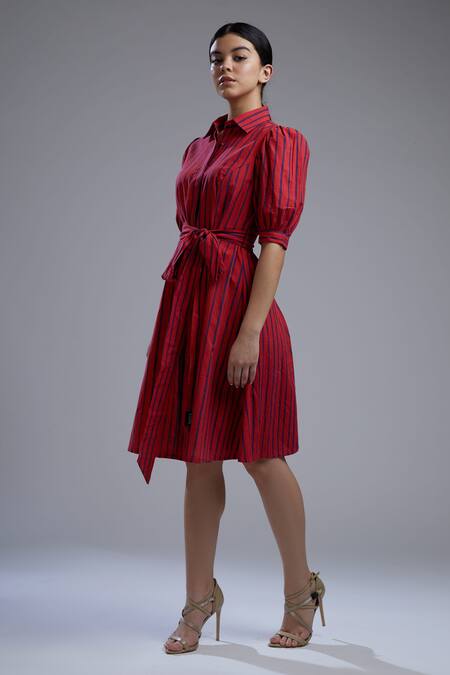 Koai_Red Poplin Cotton Straight Collar Striped Short Dress_Online_at_Aza_Fashions