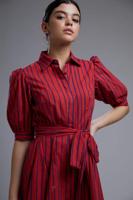 Koai_Red Poplin Cotton Straight Collar Striped Short Dress_at_Aza_Fashions