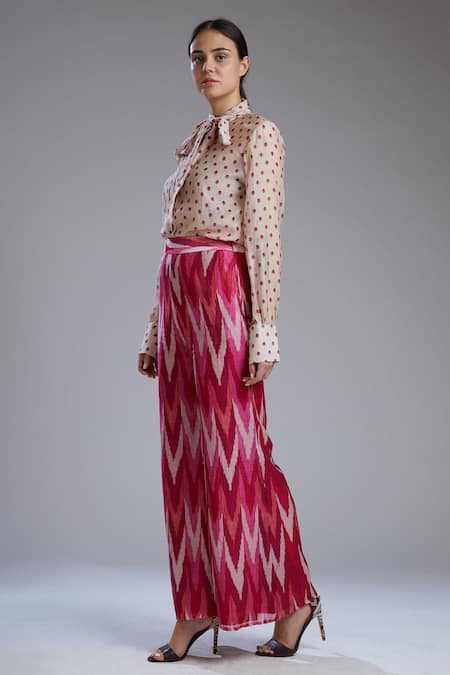 Koai_Beige Chanderi Silk Band Collar Printed Shirt _Online_at_Aza_Fashions