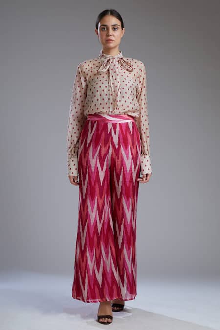 Shop_Koai_Beige Chanderi Silk Band Collar Printed Shirt _Online_at_Aza_Fashions