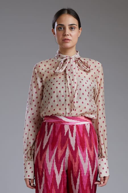 Koai_Beige Chanderi Silk Band Collar Printed Shirt _at_Aza_Fashions