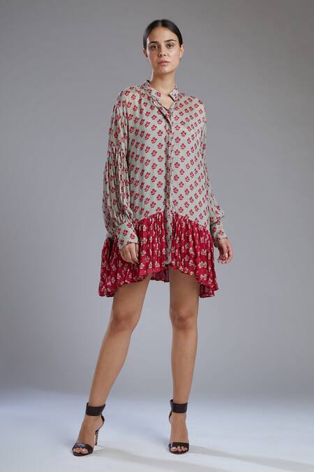 Shop_Koai_Grey Chiffon Band Collar Printed Shirt Dress _Online_at_Aza_Fashions