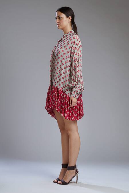 Koai_Grey Chiffon Band Collar Printed Shirt Dress _Online_at_Aza_Fashions