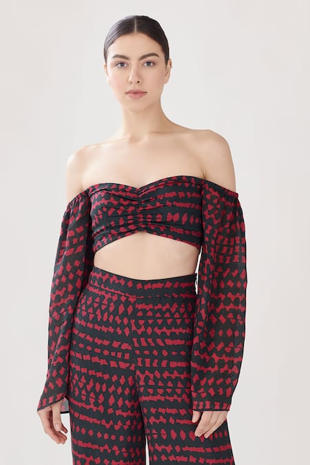 Buy_Koai_Green Chiffon Sweetheart Neck Printed Off Shoulder Crop Top_Online_at_Aza_Fashions