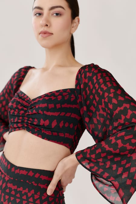 Shop_Koai_Green Chiffon Sweetheart Neck Printed Off Shoulder Crop Top_Online_at_Aza_Fashions