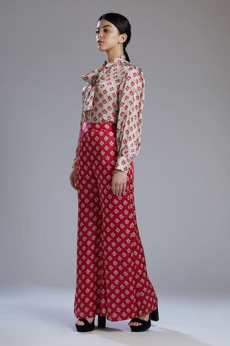 Koai_Grey Silk Band Collar Printed Shirt _Online_at_Aza_Fashions