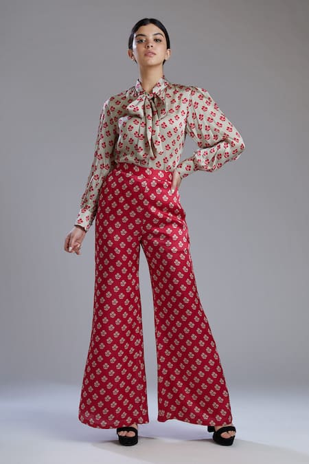 Buy_Koai_Grey Silk Band Collar Printed Shirt _Online_at_Aza_Fashions