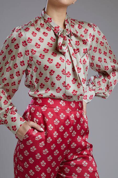 Koai_Grey Silk Band Collar Printed Shirt _at_Aza_Fashions