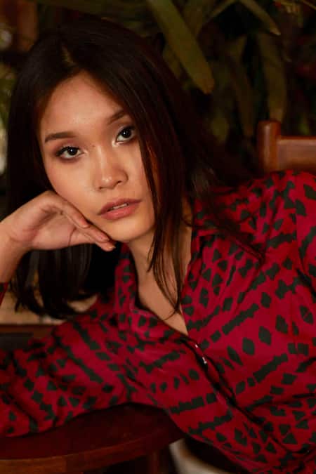 Koai_Pink Muslin Silk Shirt Collar Abstract Print Dress With Belt _Online_at_Aza_Fashions