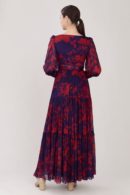 Shop Koai Purple Chiffon V Neck Floral Print Dress at Aza Fashions Shop_Koai_Purple Chiffon V Neck Floral Print Dress _at_Aza_Fashions