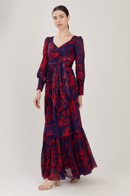 Koai Purple Chiffon V Neck Floral Print Dress Online at Aza Fashions Koai_Purple Chiffon V Neck Floral Print Dress _Online_at_Aza_Fashions