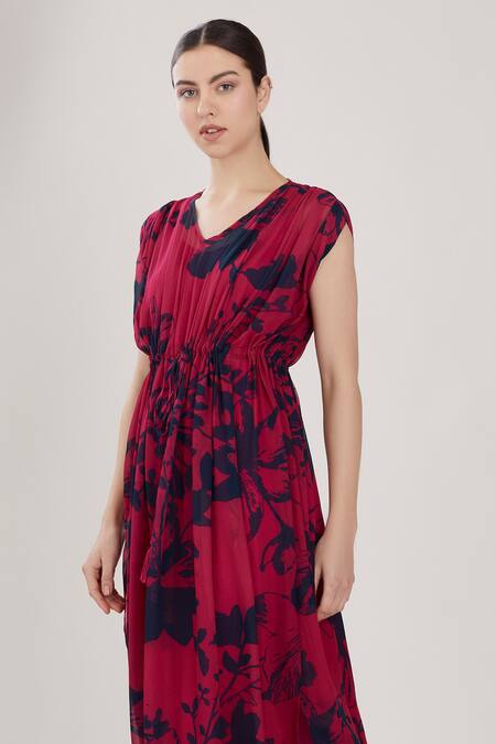 Buy_Koai_Red Chiffon V Neck Floral Print Kaftan Dress_Online_at_Aza_Fashions