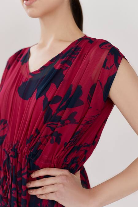 Shop_Koai_Red Chiffon V Neck Floral Print Kaftan Dress_Online_at_Aza_Fashions
