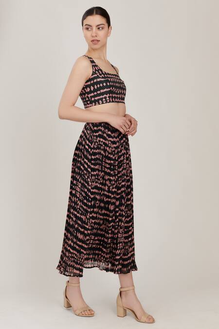 Koai_Green Muslin Silk Abstract Print Pleated Skirt_Online_at_Aza_Fashions