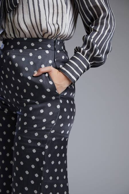 KoAi_Black Satin Silk Polka Dot Pant For Kids_at_Aza_Fashions