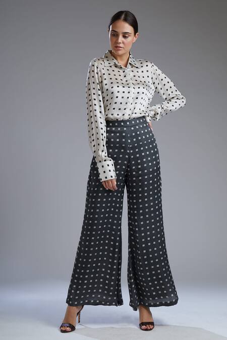 Koai_White Satin Silk Shirt Collar Polka Square_at_Aza_Fashions