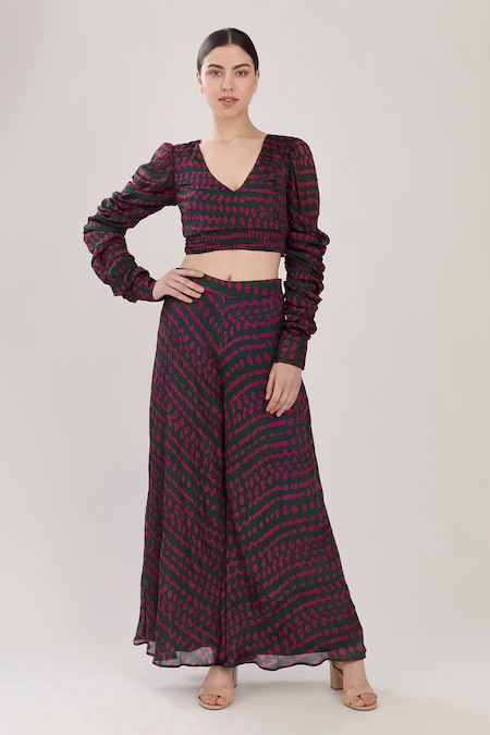 Buy_Koai_Green Chiffon V Neck Printed Crop Top _Online_at_Aza_Fashions