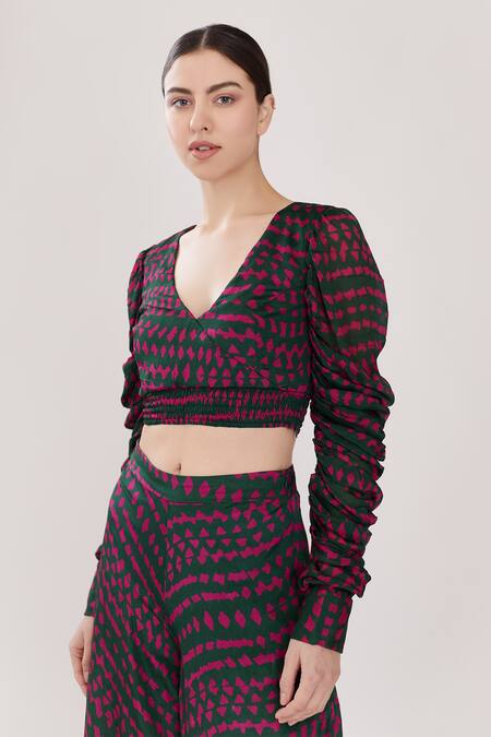 Koai_Green Chiffon V Neck Printed Crop Top _Online_at_Aza_Fashions