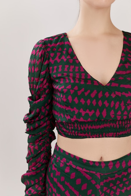 Shop_Koai_Green Chiffon V Neck Printed Crop Top _Online_at_Aza_Fashions