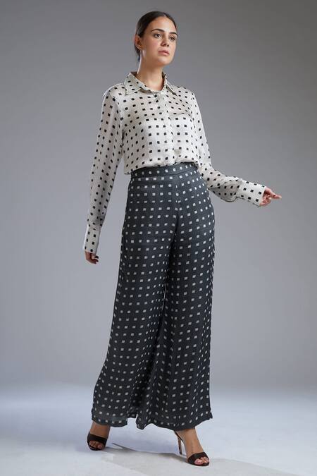 Buy_Koai_White Satin Silk Shirt Collar Polka Square_Online_at_Aza_Fashions