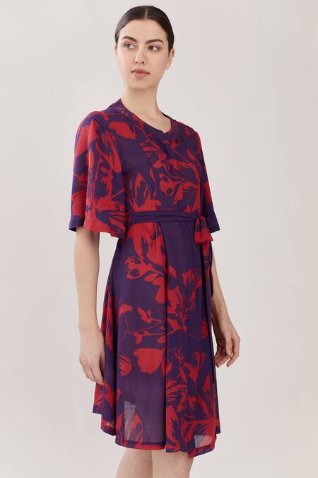 Koai Purple Georgette Round Floral Print Dress Online at Aza Fashions Koai_Purple Georgette Round Floral Print Dress _Online_at_Aza_Fashions
