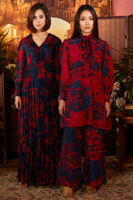 Koai_Red Muslin Silk Tie-up Floral Print Tunic _Online_at_Aza_Fashions