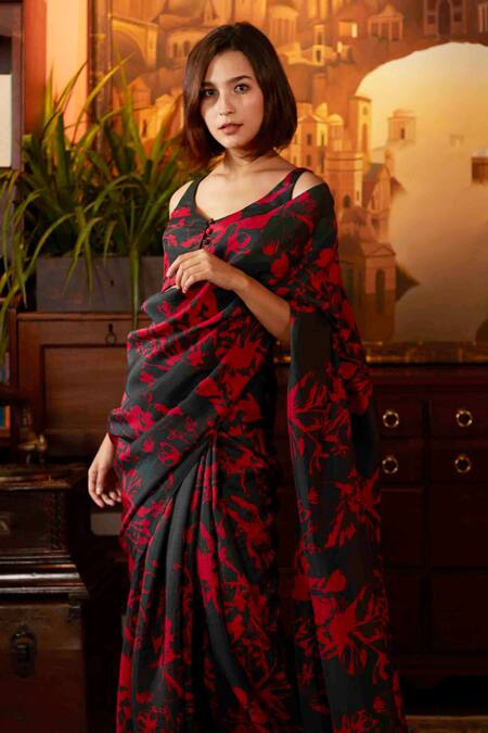 Koai_Green Muslin Floral Print Saree_Online_at_Aza_Fashions