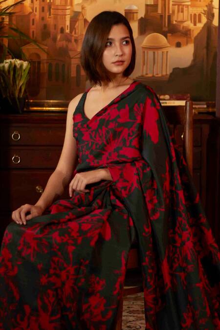 Buy_Koai_Green Muslin Floral Print Saree_Online_at_Aza_Fashions