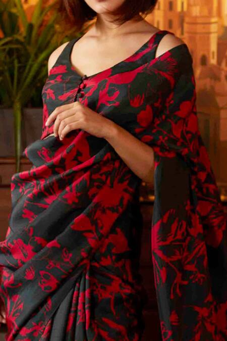 Shop_Koai_Green Muslin Floral Print Saree_Online_at_Aza_Fashions