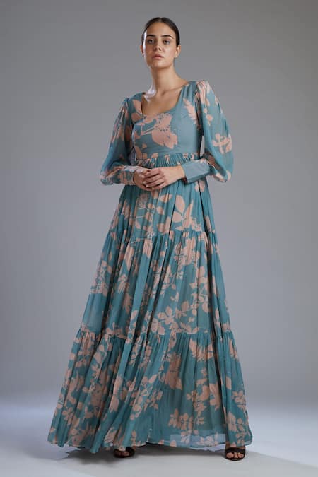 KoAi Blue Chiffon Floral Print Maxi Dress