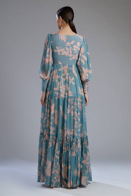 Shop Koai Blue Chiffon Floral Print Maxi Dress at Aza Fashions Shop_Koai_Blue Chiffon Floral Print Maxi Dress_at_Aza_Fashions