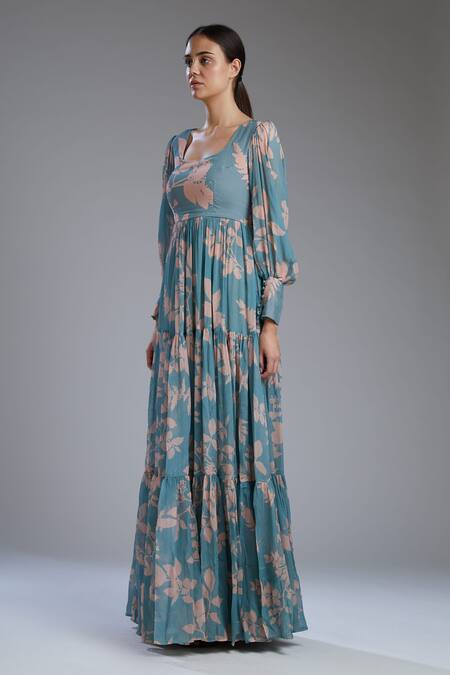 Koai Blue Chiffon Floral Print Maxi Dress Online at Aza Fashions Koai_Blue Chiffon Floral Print Maxi Dress_Online_at_Aza_Fashions