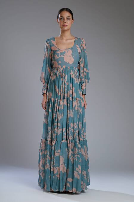 Buy Koai Blue Chiffon Floral Print Maxi Dress Online at Aza Fashions Buy_Koai_Blue Chiffon Floral Print Maxi Dress_Online_at_Aza_Fashions