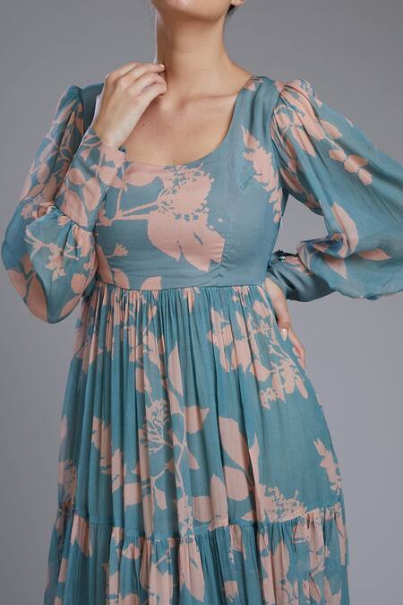 Shop Koai Blue Chiffon Floral Print Maxi Dress Online at Aza Fashions Shop_Koai_Blue Chiffon Floral Print Maxi Dress_Online_at_Aza_Fashions