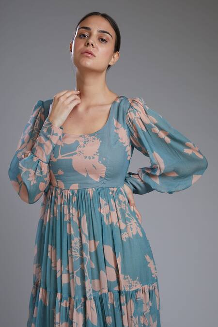 Koai Blue Chiffon Floral Print Maxi Dress at Aza Fashions Koai_Blue Chiffon Floral Print Maxi Dress_at_Aza_Fashions