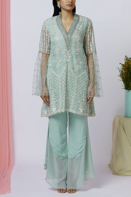 Aariyana Couture_Green Organza, Net, Georgette, Modal Embroidery V-neck Kurta Palazzo Set _Online_at_Aza_Fashions