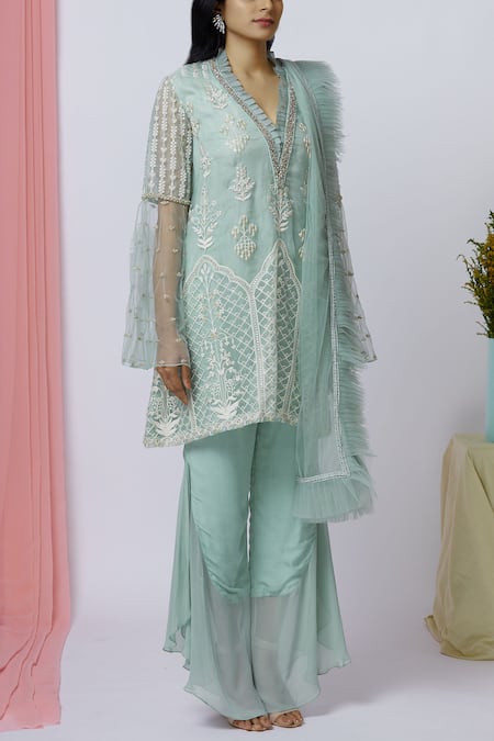Buy_Aariyana Couture_Green Organza, Net, Georgette, Modal Embroidery V-neck Kurta Palazzo Set _Online_at_Aza_Fashions