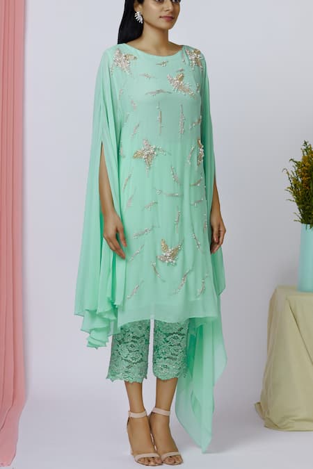 Buy_Aariyana Couture_Green Georgette, Cotton Satin, Cotton, Lycra Embroidery Round Neck Kurta Set_Online_at_Aza_Fashions