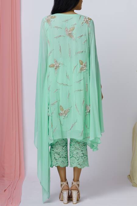 Aariyana Couture_Green Georgette, Cotton Satin, Cotton, Lycra Embroidery Round Neck Kurta Set_Online_at_Aza_Fashions