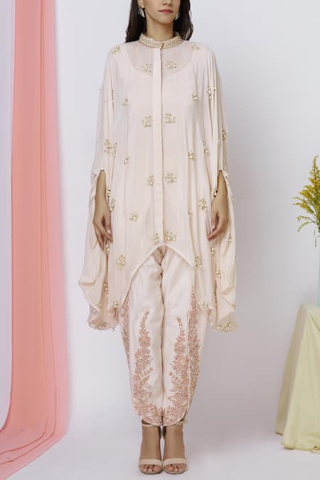 Aariyana Couture_Peach Crepe, , Silk, Satin Embroidery, Zari Round Kaftan Pant Set_Online_at_Aza_Fashions