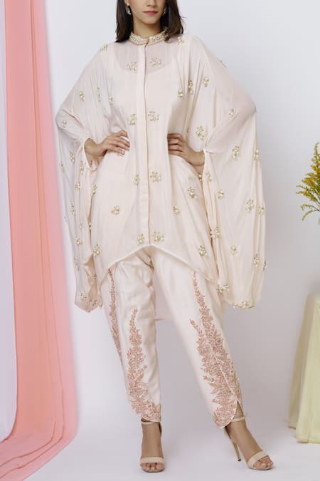 Buy_Aariyana Couture_Peach Crepe, , Silk, Satin Embroidery, Zari Round Kaftan Pant Set_Online_at_Aza_Fashions